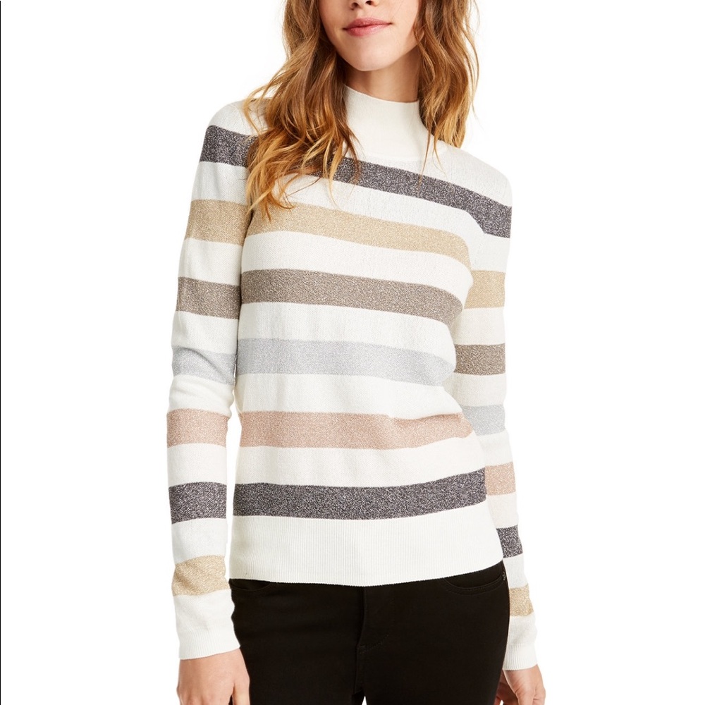 Mock neck metallic stripe sweater